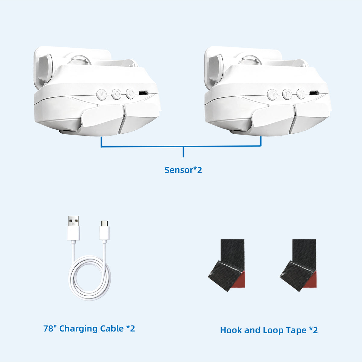 White electronic device set with two units shown at the top, a white USB charging cable at bottom left, and two black hook-and-loop tape pieces at bottom right, all on a pale blue background with text labels.