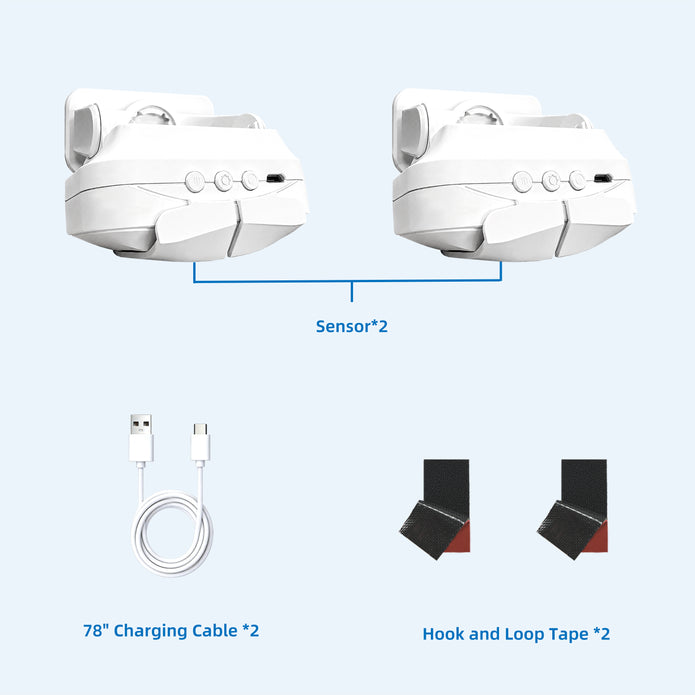 White electronic device set with two units shown at the top, a white USB charging cable at bottom left, and two black hook-and-loop tape pieces at bottom right, all on a pale blue background with text labels.