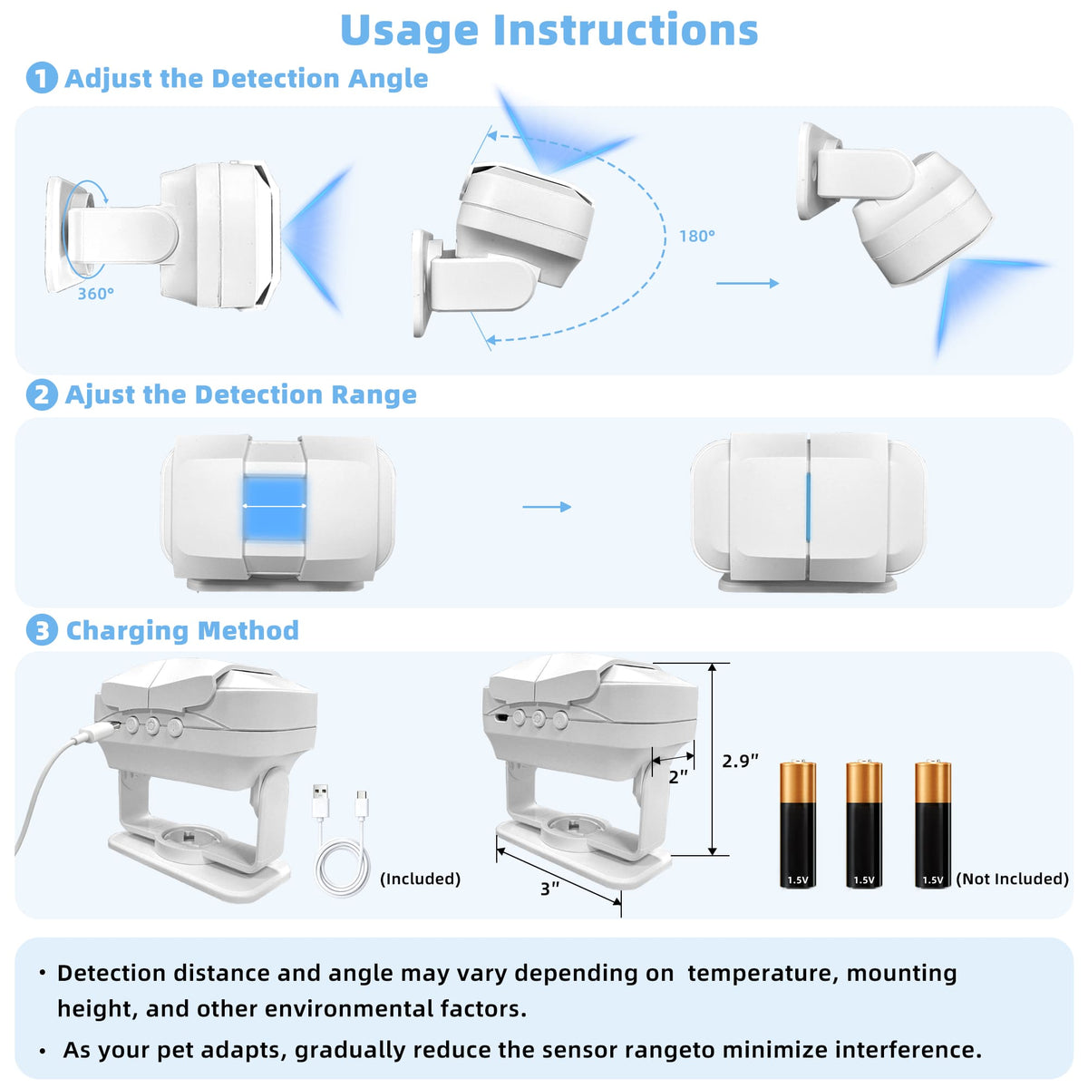 An instructional graphic with three labeled sections showing how to use a white pet camera: adjusting the detection angle, adjusting the detection range, and charging method, including dimensions and battery notes.