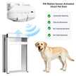 A smart pet door shown on a white background with a yellow Labrador dog beside it and text listing features: PIR motion sensor activated, automatic opening, natural movement, no training required, and no collar required.