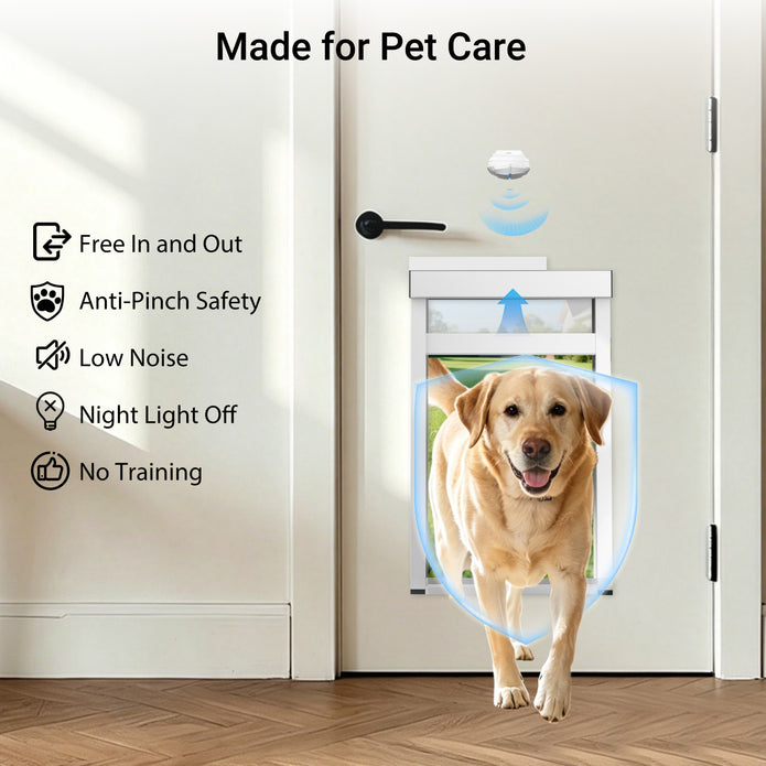A yellow Labrador retriever walks through a pet door installed on a white interior door. The image includes marketing text reading 'Made for Pet Care' and feature callouts such as free in and out, anti-pinch safety, low noise, night light off, and easy training.