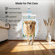 A yellow Labrador retriever walks through a pet door installed on a wall. The image includes marketing text reading 'Made for Pet Care' and feature callouts such as free in and out, anti-pinch safety, low noise, night light off, and easy training.