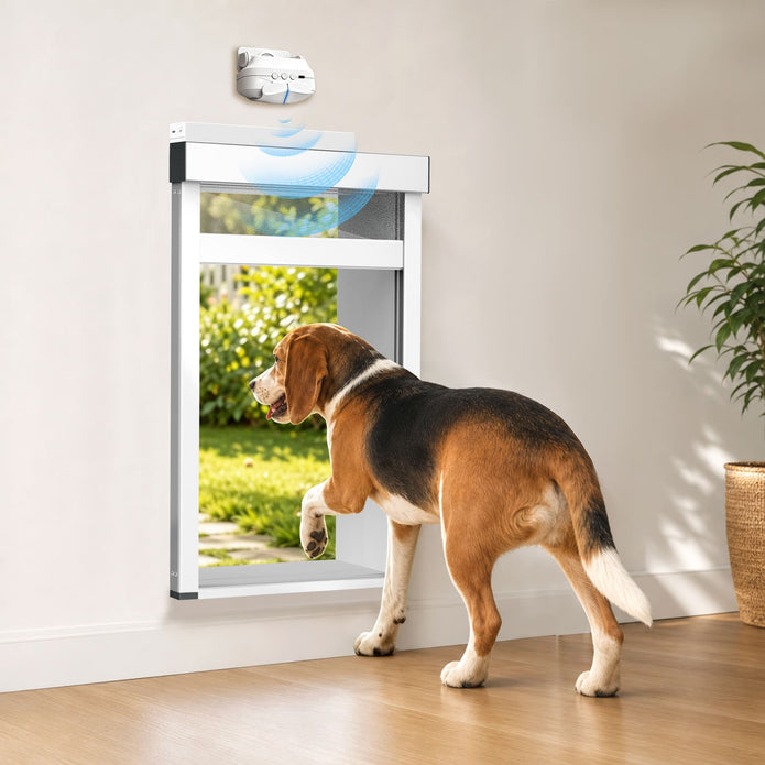 A beagle dog stands at a white pet door installed on a beige wall, looking outside toward a green garden. A small white device above the door shows a blue signal graphic, and the scene is set in a real indoor room with wood flooring and a potted plant.