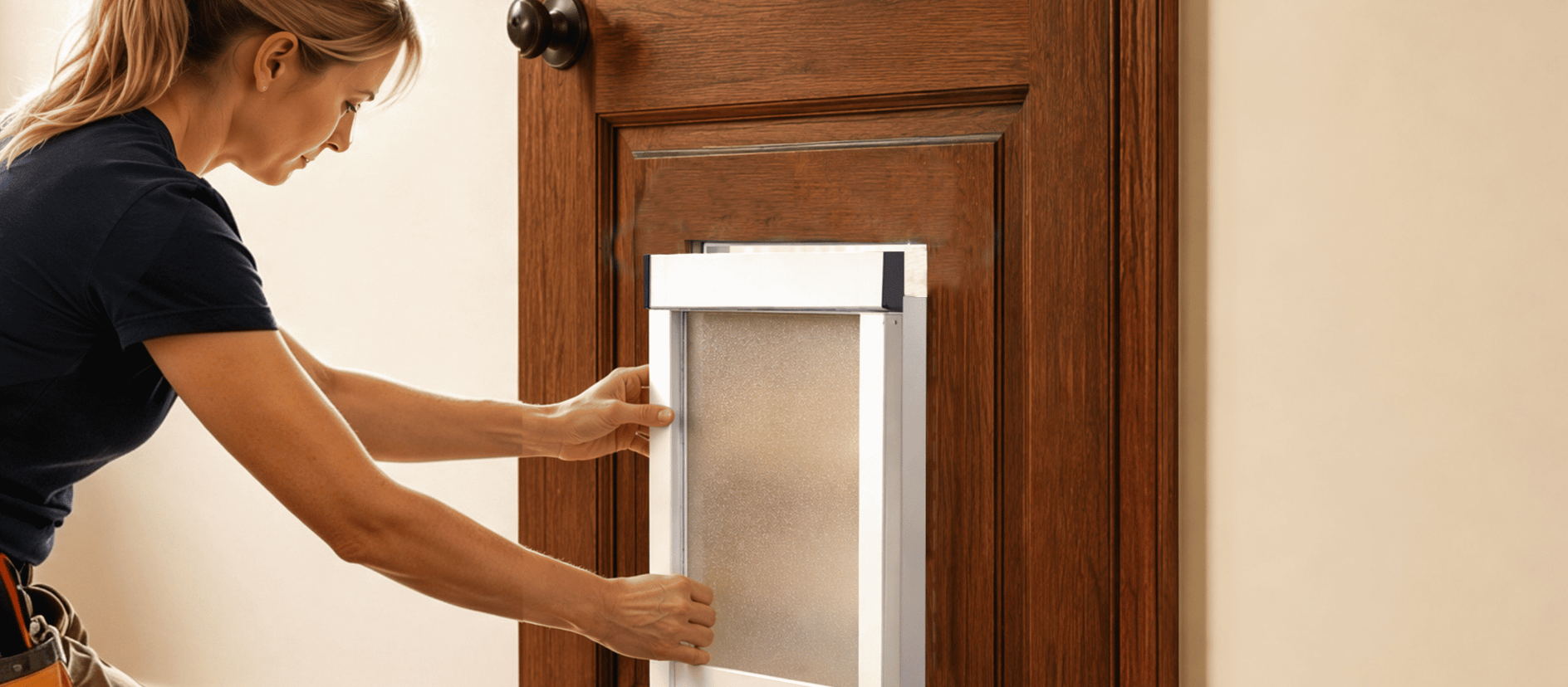 A woman in a navy blue t-shirt and orange tool belt installs a white pet door with a clear flap into a brown wooden door in a home setting.