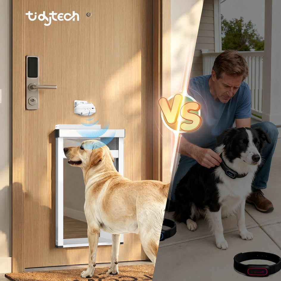 A split comparison image for a pet door. The left side shows a golden retriever dog standing in front of a wooden door with a white and silver automatic pet door installed, with a blue wireless signal graphic.