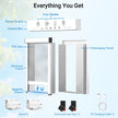 An infographic titled 'Everything You Get' showing a white automatic sliding gate kit with labeled parts and included accessories on a pale blue background. The main product shown is the gate system with a control box, PVC door, aluminum frame, telescoping tunnel, magnetic closure, two sensors, hook and loop tape, and a charging cable.
