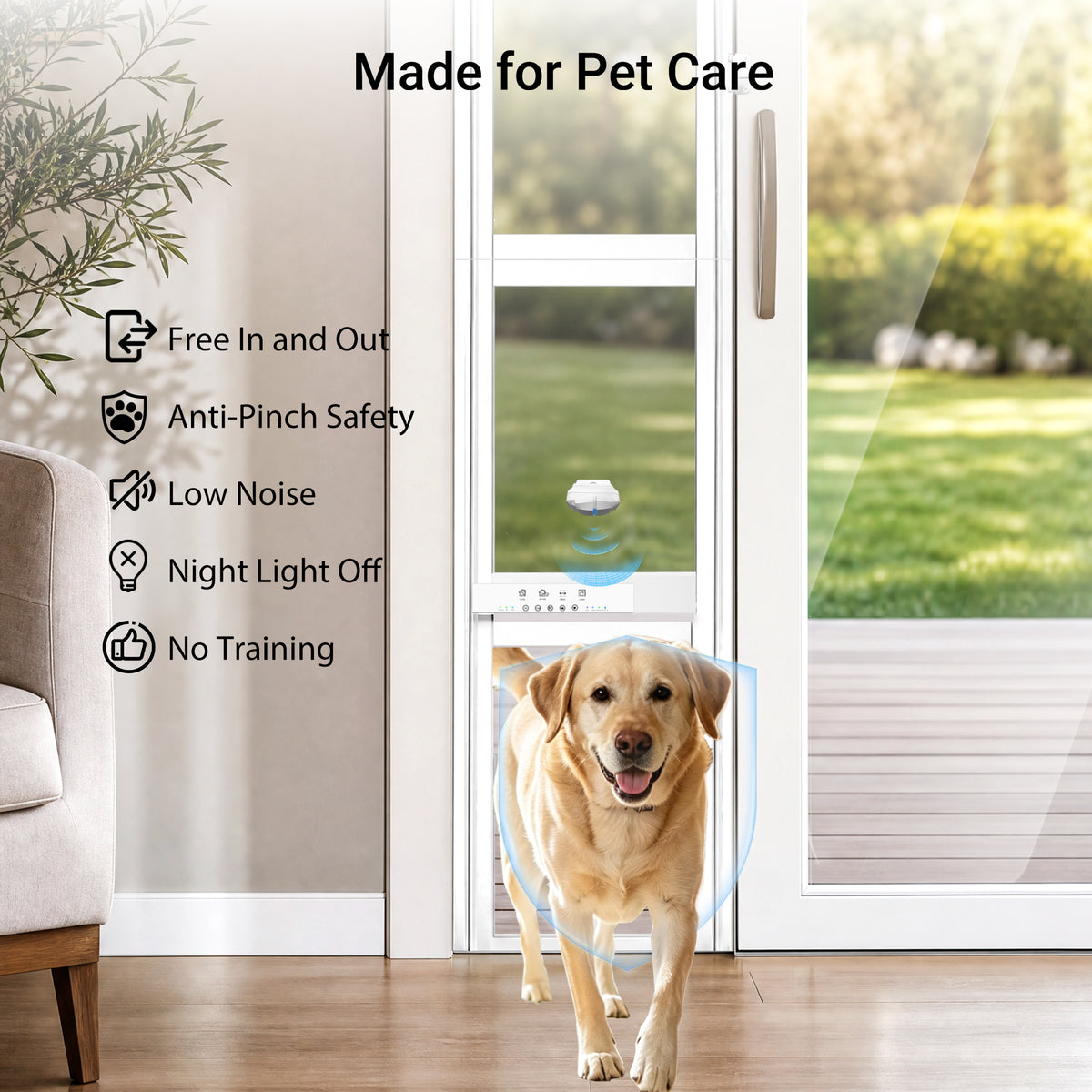 A golden retriever dog walks through a pet door installed in a glass sliding door inside a modern room. Text on the left lists product features like free in and out access, anti-pinch safety, low noise, night light off, and no training.