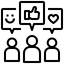 Black line art icons of a smiley face, like button, heart, and three people on a white background.